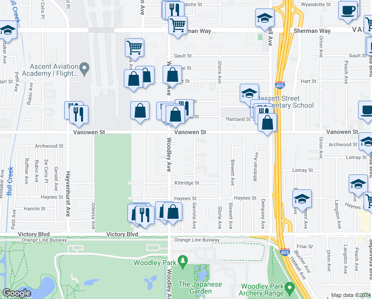 map of restaurants, bars, coffee shops, grocery stores, and more near 16021 Archwood Street in Los Angeles