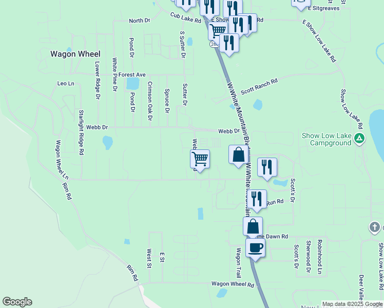 map of restaurants, bars, coffee shops, grocery stores, and more near 5782 Webbville Road in Wagon Wheel