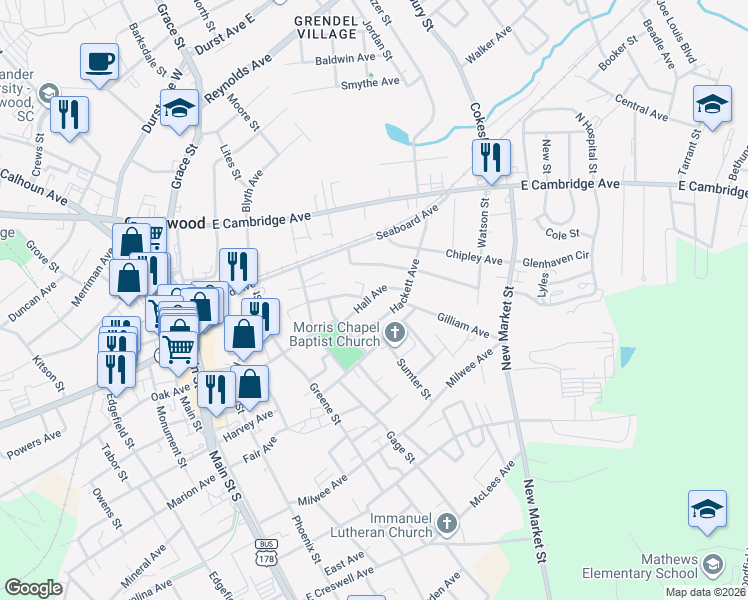 map of restaurants, bars, coffee shops, grocery stores, and more near 511 Hall Avenue in Greenwood