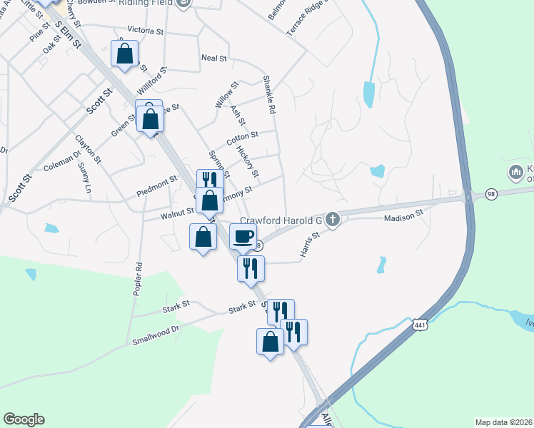 map of restaurants, bars, coffee shops, grocery stores, and more near 173 Madison Street in Commerce