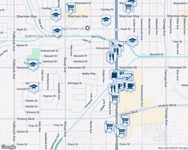map of restaurants, bars, coffee shops, grocery stores, and more near 22146 Welby Way in Los Angeles