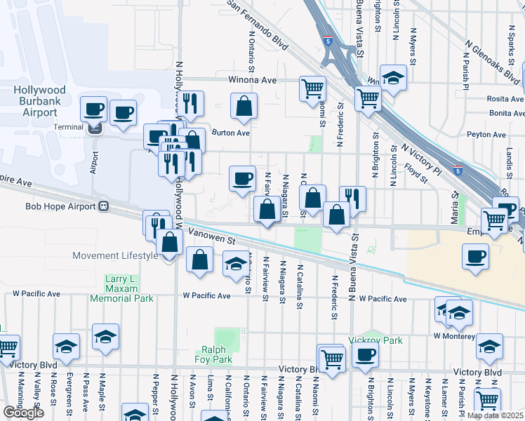 map of restaurants, bars, coffee shops, grocery stores, and more near 2219 North Fairview Street in Burbank
