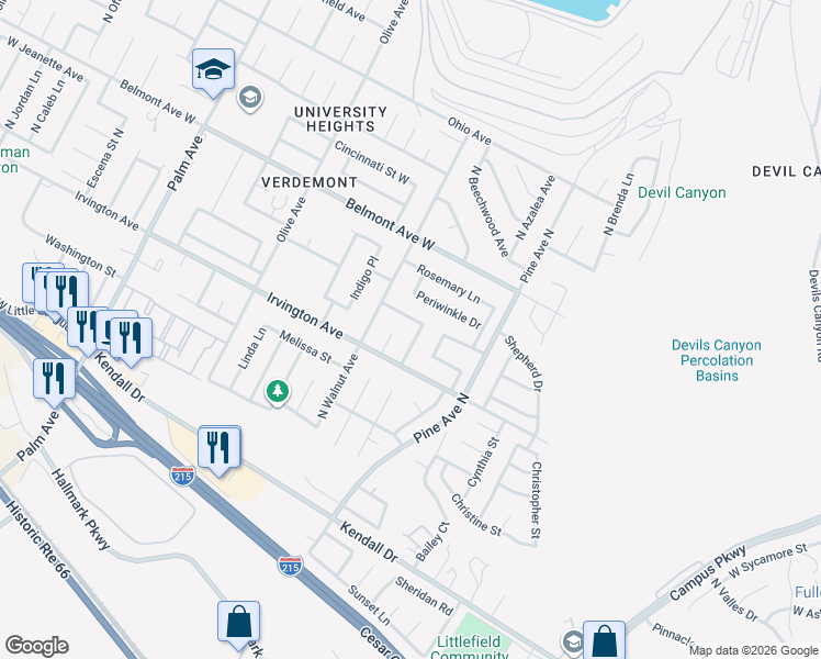 map of restaurants, bars, coffee shops, grocery stores, and more near 6124 Laura Lane in San Bernardino