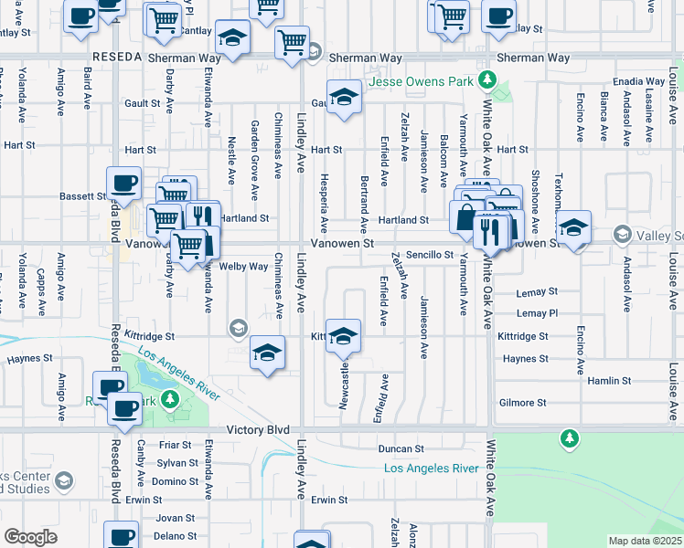 map of restaurants, bars, coffee shops, grocery stores, and more near 18012 Welby Way in Los Angeles
