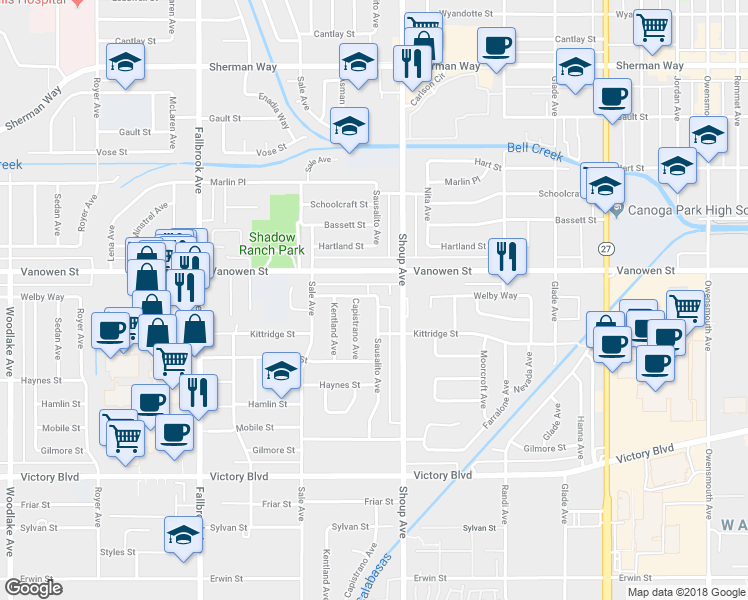 map of restaurants, bars, coffee shops, grocery stores, and more near 6727 Sausalito Avenue in Los Angeles