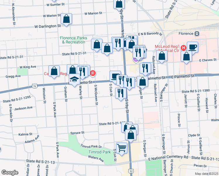 map of restaurants, bars, coffee shops, grocery stores, and more near 315 South Coit Street in Florence