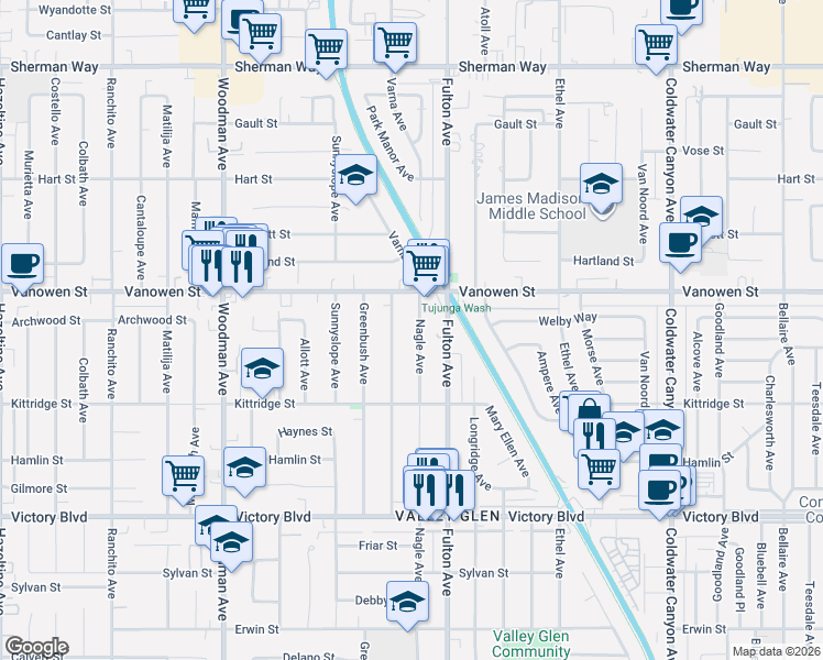 map of restaurants, bars, coffee shops, grocery stores, and more near 6712 Nagle Avenue in Los Angeles