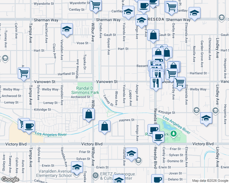 map of restaurants, bars, coffee shops, grocery stores, and more near 6721 Rhea Avenue in Los Angeles
