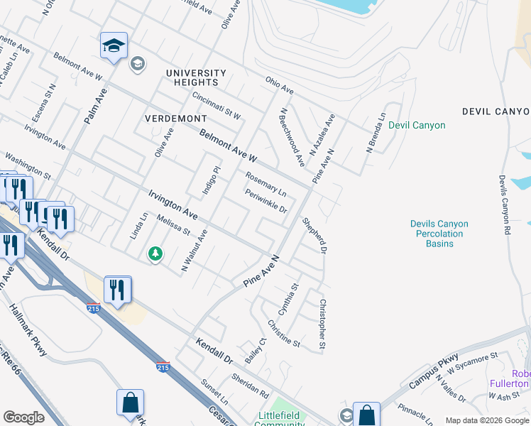 map of restaurants, bars, coffee shops, grocery stores, and more near 2574 Poppy Drive West in San Bernardino
