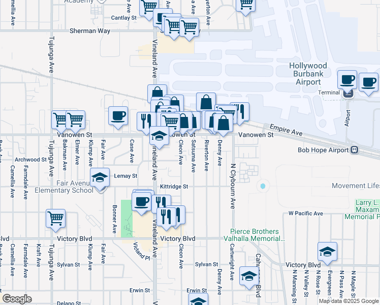 map of restaurants, bars, coffee shops, grocery stores, and more near 6714 Cleon Avenue in Los Angeles