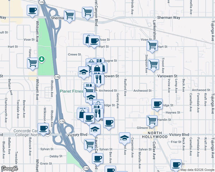 map of restaurants, bars, coffee shops, grocery stores, and more near 6710 Agnes Avenue in Los Angeles