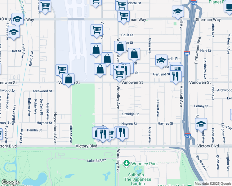map of restaurants, bars, coffee shops, grocery stores, and more near 6710 Woodley Avenue in Los Angeles