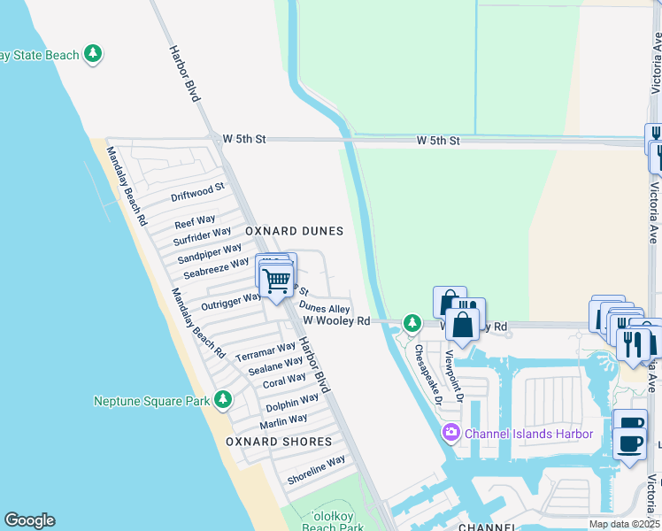 map of restaurants, bars, coffee shops, grocery stores, and more near 930 Catamaran Street in Oxnard
