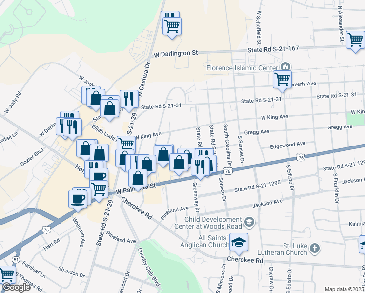 map of restaurants, bars, coffee shops, grocery stores, and more near 1625 Gregg Avenue in Florence