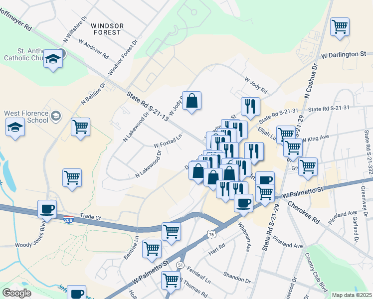 map of restaurants, bars, coffee shops, grocery stores, and more near 2220 Oakwood Lane in Florence