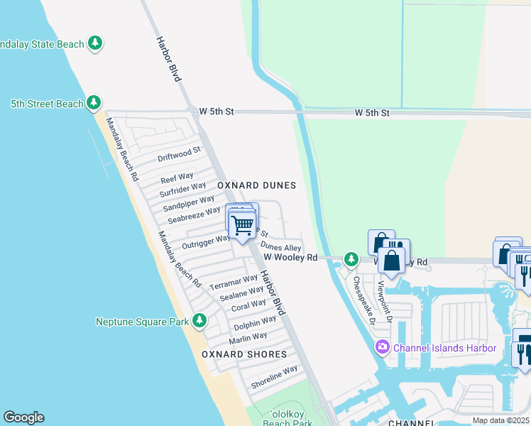 map of restaurants, bars, coffee shops, grocery stores, and more near 4953 Dunes Circle in Oxnard