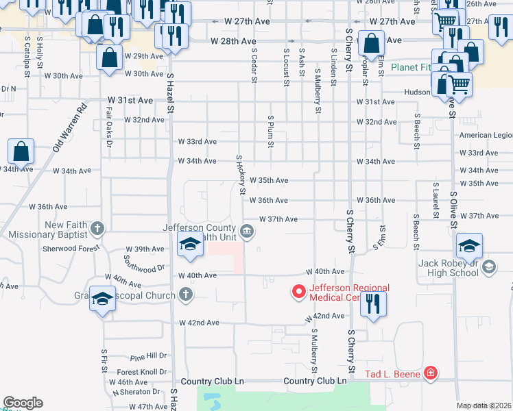map of restaurants, bars, coffee shops, grocery stores, and more near 1704 West 36th Avenue in Pine Bluff