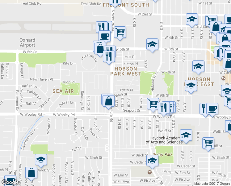 map of restaurants, bars, coffee shops, grocery stores, and more near 1336 Oyster Place in Oxnard
