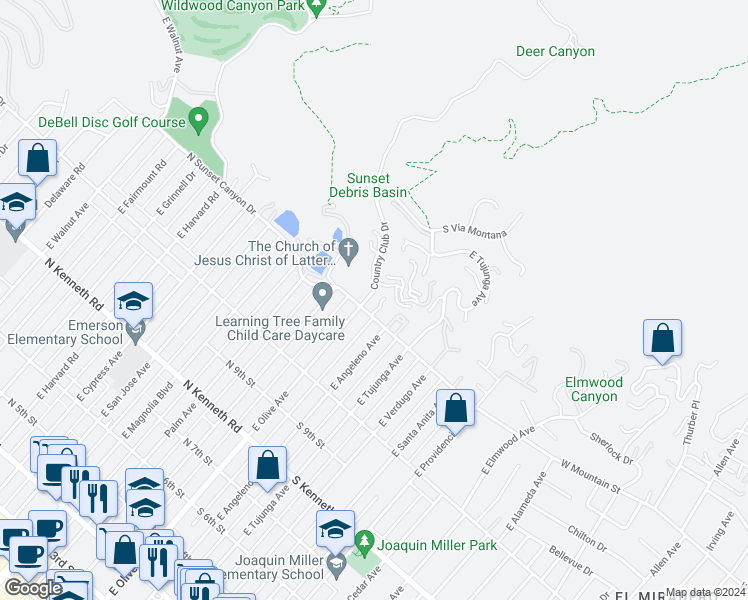 map of restaurants, bars, coffee shops, grocery stores, and more near 110 Country Club Drive in Burbank