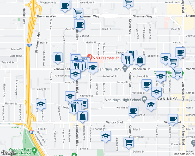 map of restaurants, bars, coffee shops, grocery stores, and more near 15126 Archwood Street in Los Angeles