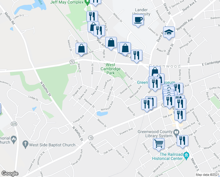 map of restaurants, bars, coffee shops, grocery stores, and more near 226 Jackson Avenue in Greenwood