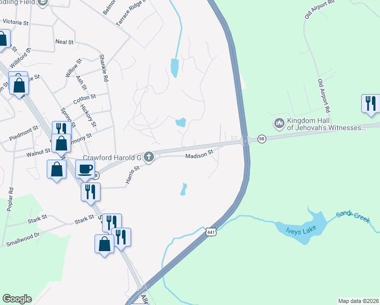 map of restaurants, bars, coffee shops, grocery stores, and more near 621 Madison Street in Commerce