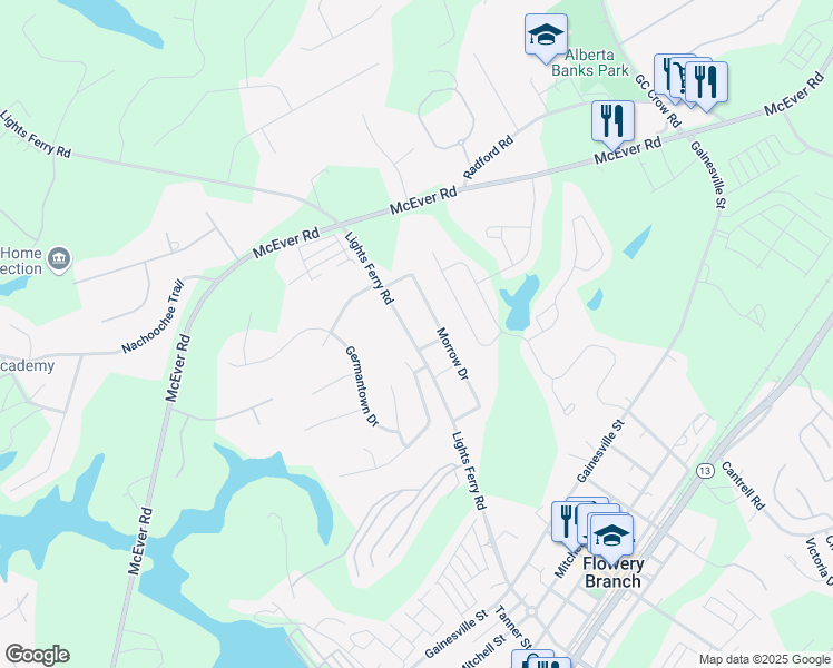 map of restaurants, bars, coffee shops, grocery stores, and more near 6054 Lights Ferry Road in Flowery Branch