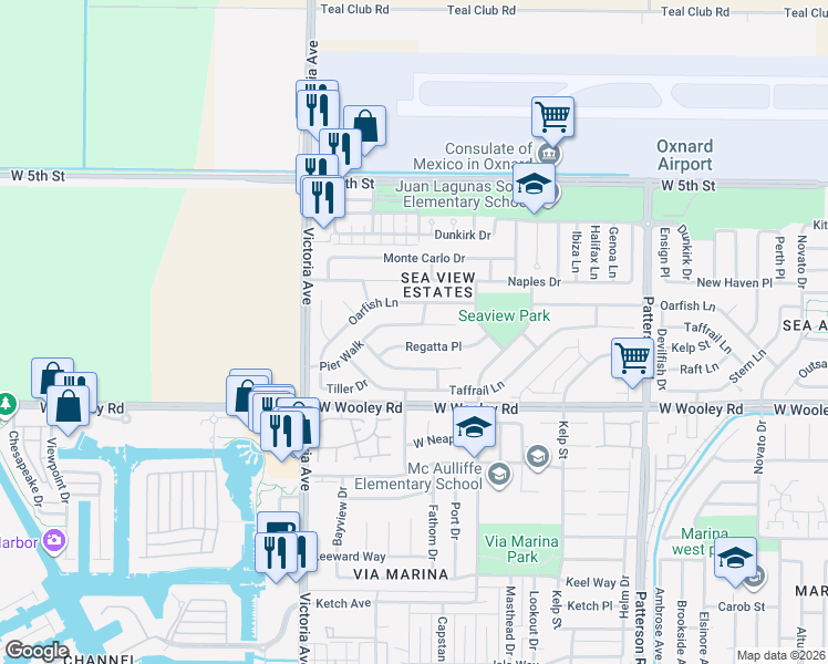 map of restaurants, bars, coffee shops, grocery stores, and more near 3541 Regatta Place in Oxnard