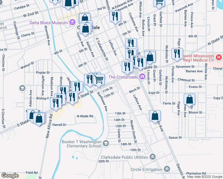 map of restaurants, bars, coffee shops, grocery stores, and more near 1200-1298 West Tallahatchie Street in Clarksdale