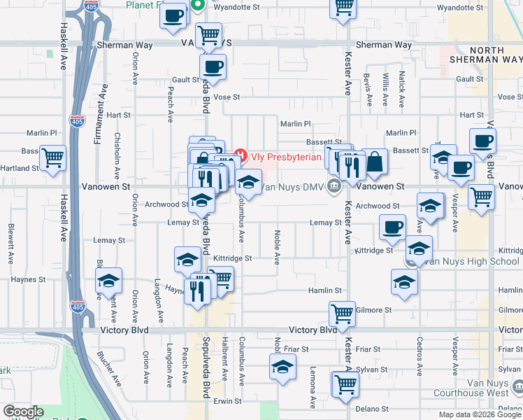 map of restaurants, bars, coffee shops, grocery stores, and more near 15126 Archwood Street in Los Angeles