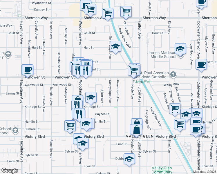 map of restaurants, bars, coffee shops, grocery stores, and more near 6712 Sunnyslope Avenue in Los Angeles
