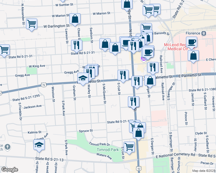 map of restaurants, bars, coffee shops, grocery stores, and more near 308 South McQueen Street in Florence