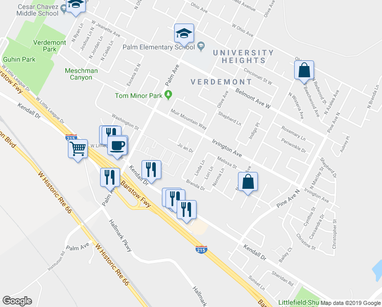 map of restaurants, bars, coffee shops, grocery stores, and more near 2925 Jo an Drive in San Bernardino