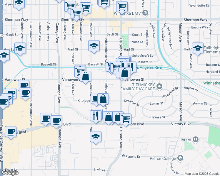 map of restaurants, bars, coffee shops, grocery stores, and more near 6722 Independence Avenue in Los Angeles