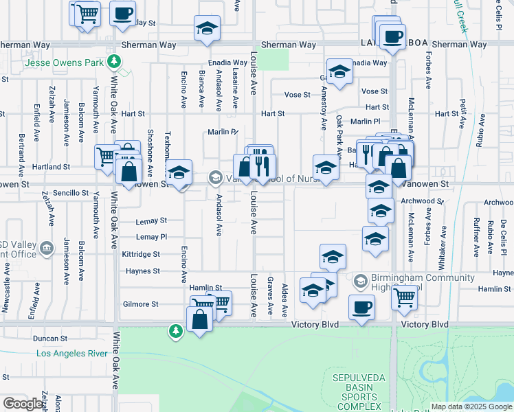 map of restaurants, bars, coffee shops, grocery stores, and more near 6742 Louise Avenue in Los Angeles