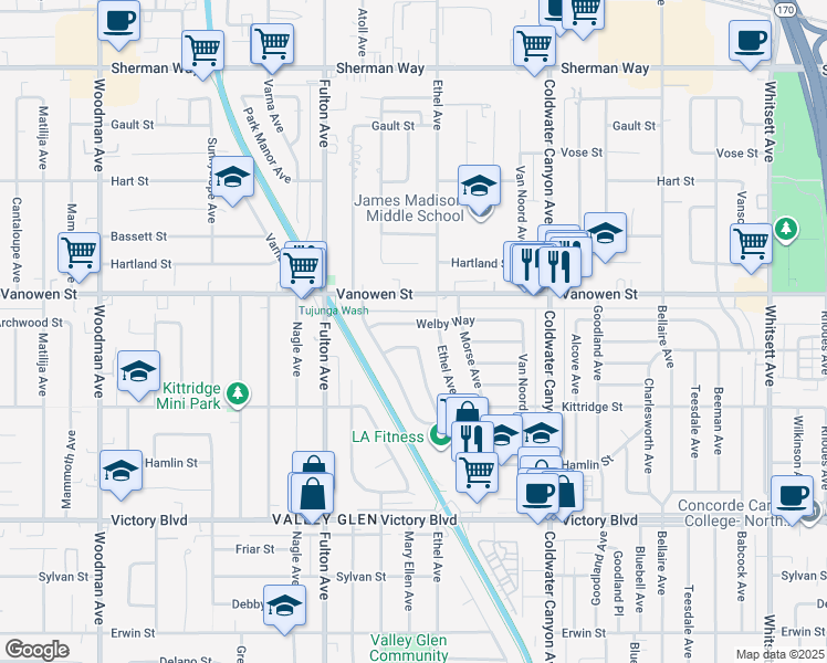 map of restaurants, bars, coffee shops, grocery stores, and more near 13126 Welby Way in Los Angeles