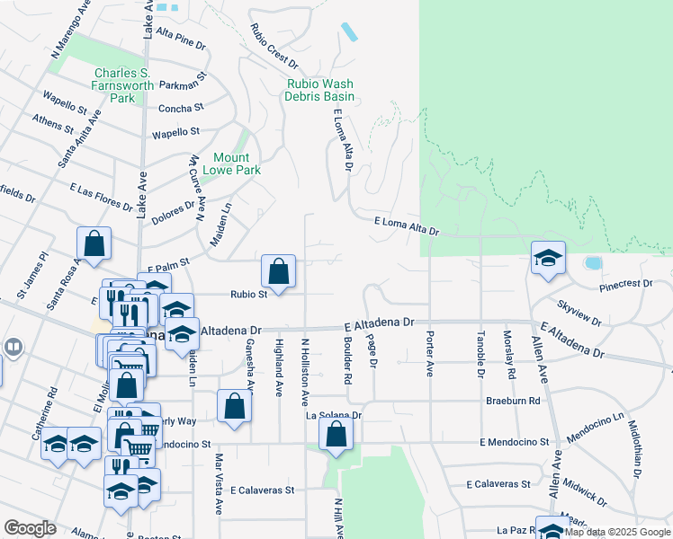 map of restaurants, bars, coffee shops, grocery stores, and more near 1400 East Palm Street in Altadena