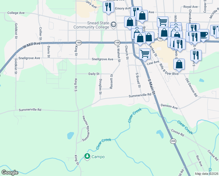 map of restaurants, bars, coffee shops, grocery stores, and more near 319 Bassett Street in Boaz