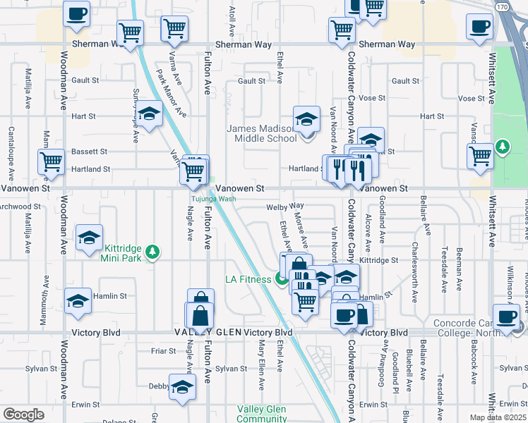 map of restaurants, bars, coffee shops, grocery stores, and more near 13126 Welby Way in Los Angeles