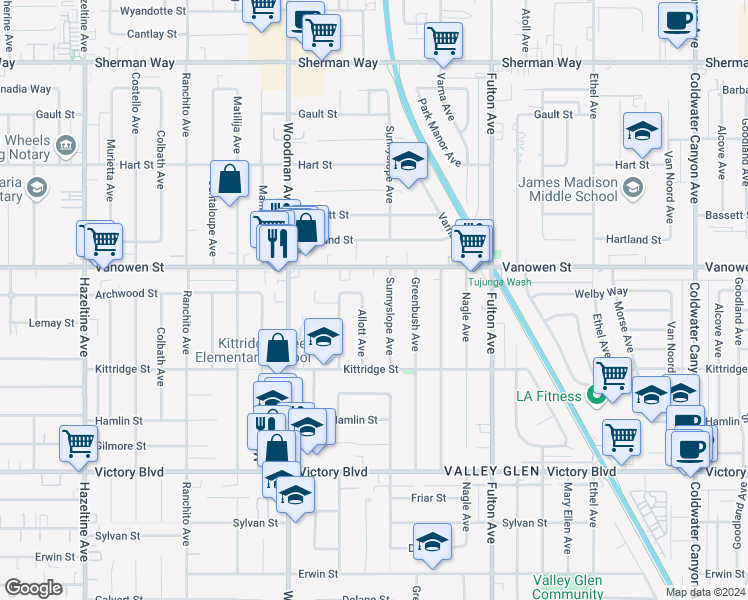 map of restaurants, bars, coffee shops, grocery stores, and more near 6724 Allott Avenue in Los Angeles
