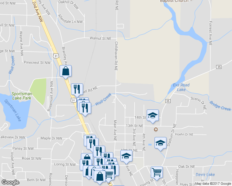 map of restaurants, bars, coffee shops, grocery stores, and more near 1628 Childhaven Road Northeast in Cullman