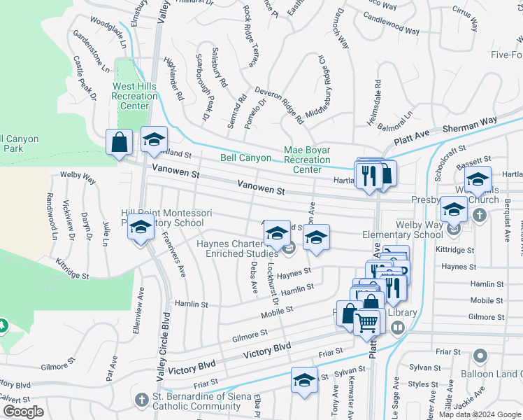 map of restaurants, bars, coffee shops, grocery stores, and more near 24028 Welby Way in Los Angeles