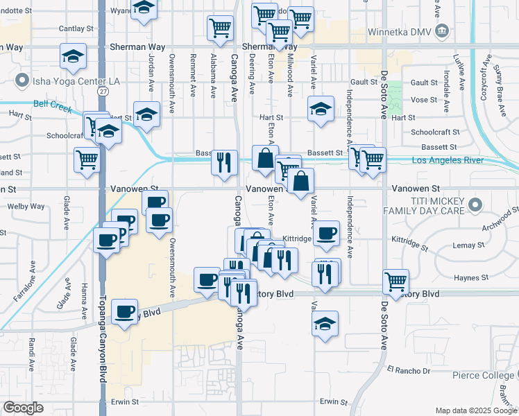 map of restaurants, bars, coffee shops, grocery stores, and more near 6733 Eton Avenue in Los Angeles