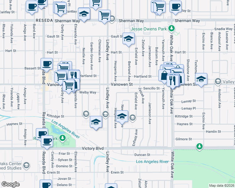 map of restaurants, bars, coffee shops, grocery stores, and more near 6722 Hesperia Avenue in Los Angeles