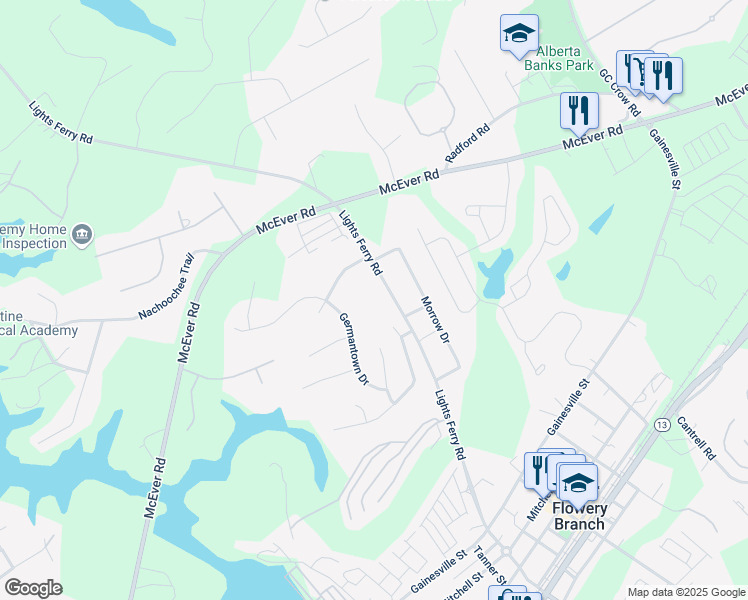 map of restaurants, bars, coffee shops, grocery stores, and more near 6069 Lights Ferry Rd in Flowery Branch
