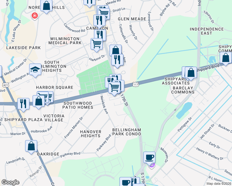 map of restaurants, bars, coffee shops, grocery stores, and more near 1650 Shipyard Boulevard in Wilmington