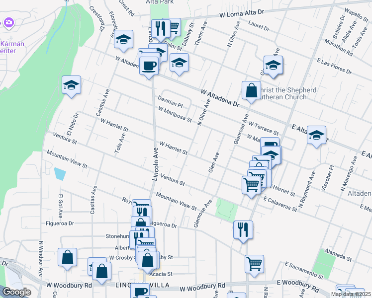 map of restaurants, bars, coffee shops, grocery stores, and more near 351 West Harriet Street in Altadena