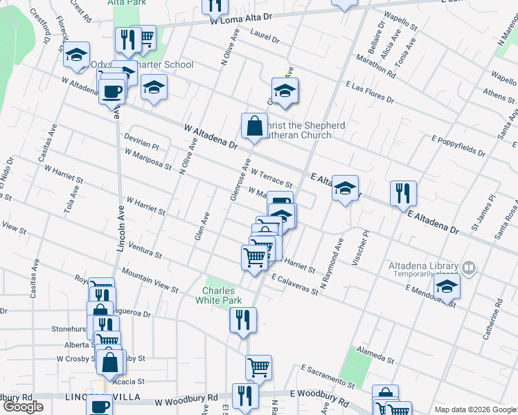 map of restaurants, bars, coffee shops, grocery stores, and more near 87 West Mariposa Street in Altadena