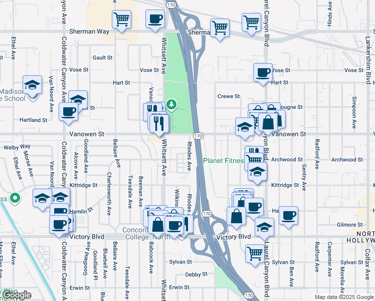 map of restaurants, bars, coffee shops, grocery stores, and more near 12401 Archwood Street in Los Angeles