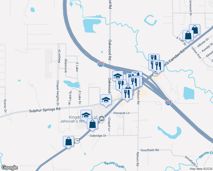 map of restaurants, bars, coffee shops, grocery stores, and more near 3612 Oakwood Road in Pine Bluff